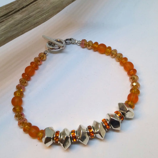 TANGERINE ORANGE BRACELET WITH SEAGLASS AND CRYSTALS-BRACELETS-JipsiJunk-JipsiJunk