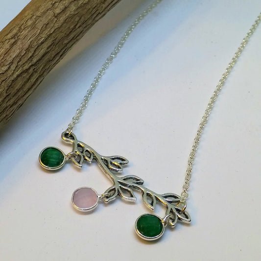 EMERALD AND PINK CHALCEDONY COIN CHARM BRANCH NECKLACE-NECKLACES-JipsiJunk-JipsiJunk