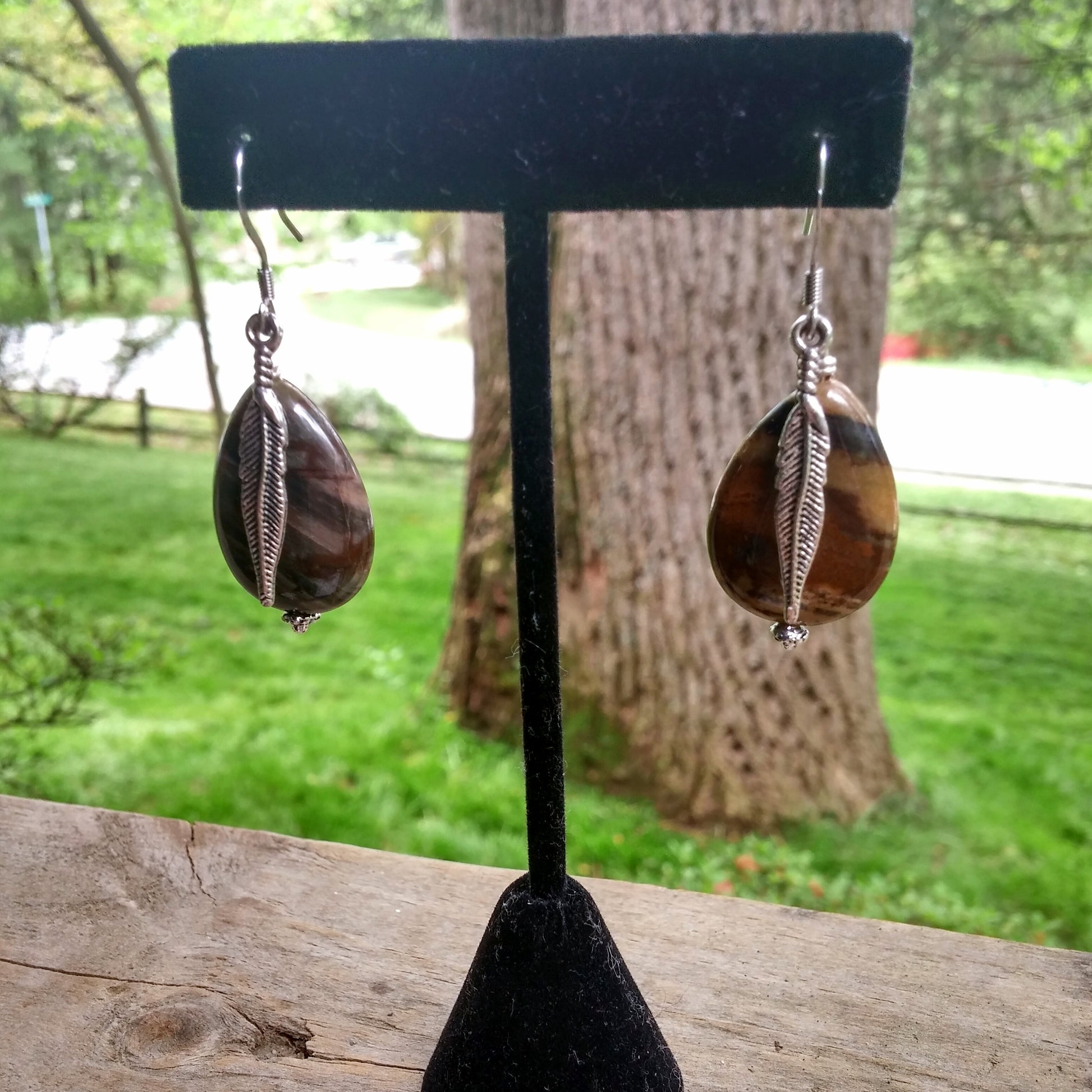 PETRIFIED WOOD JASPER TEARDROP FEATHER EARRINGS-earrings-Jipsi Junk-JipsiJunk