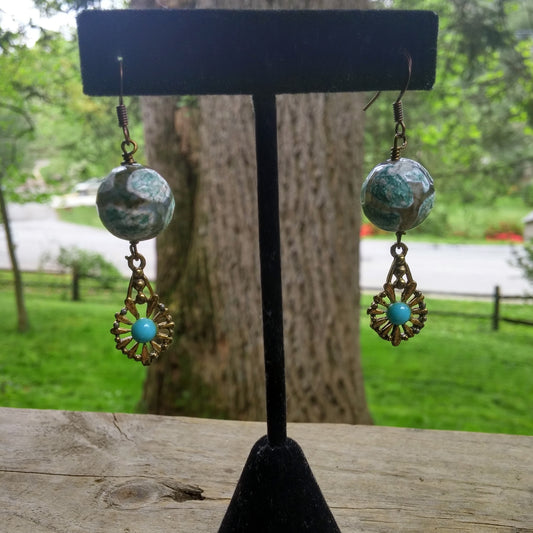 SEAFOAM AND GREY GIRAFFE AGATE AND VINTAGE BRASS TEARDROP EARRINGS-earrings-Jipsi Junk-JipsiJunk