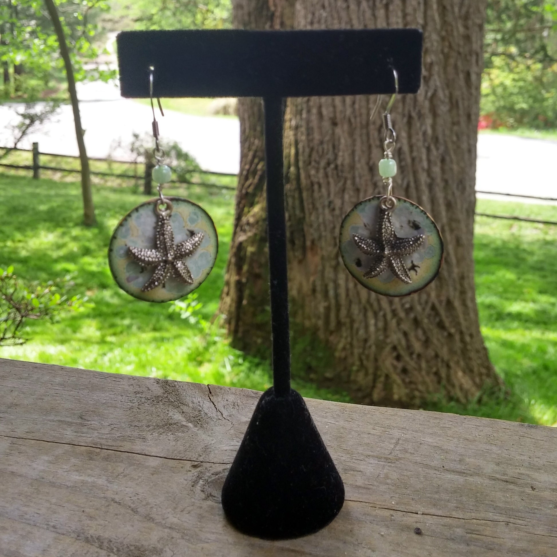 STARFISH CHAM EARRINGS WITH FUSED GLASS COPPER DISCS-earrings-Jipsi Junk-JipsiJunk