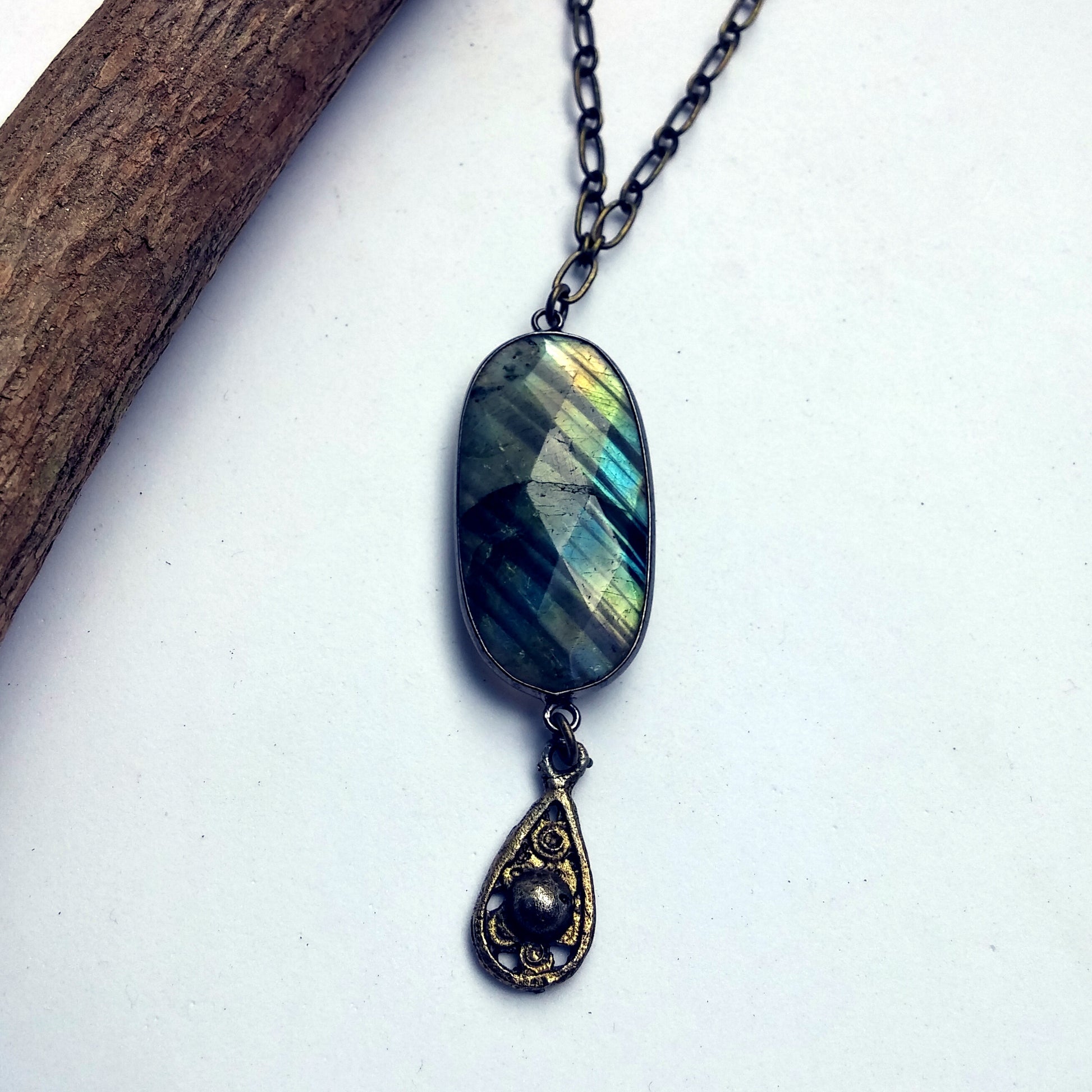 VINTAGE VICTORIAN STYLE LABRADORITE AND TEARDROP CHARM NECKLACE-NECKLACES-Jipsi Junk-JipsiJunk
