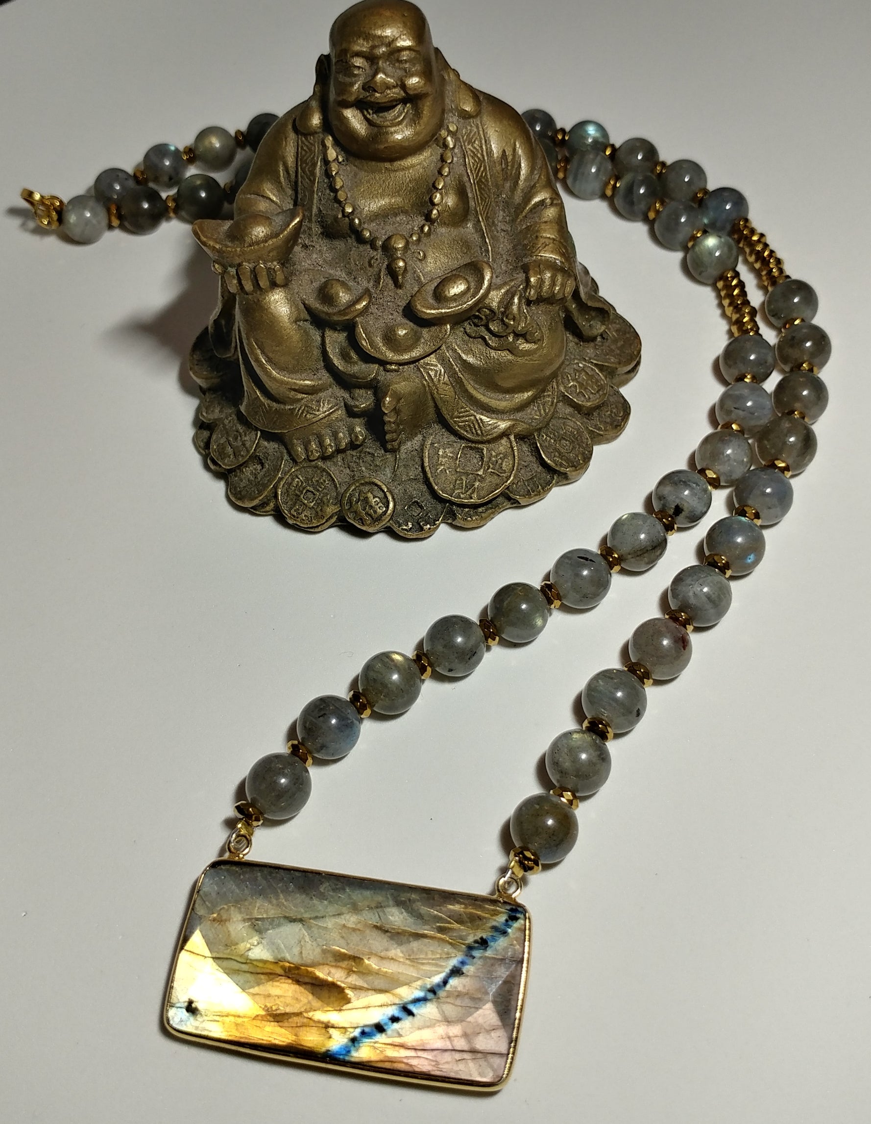 GRADE A LABRADORITE BEADED NECKLACE WITH GOLD PLATED HEMATITE AND GOLD PLATED BRASS BEZEL-Jewelry-JipsiJunk-JipsiJunk