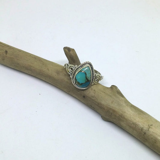BLUE COPPER TURQUOISE TEARDROP RING IN STERLING SILVER WITH DOTTED AND SWIRLED DESIGN-RINGS-Jipsi Junk-JipsiJunk