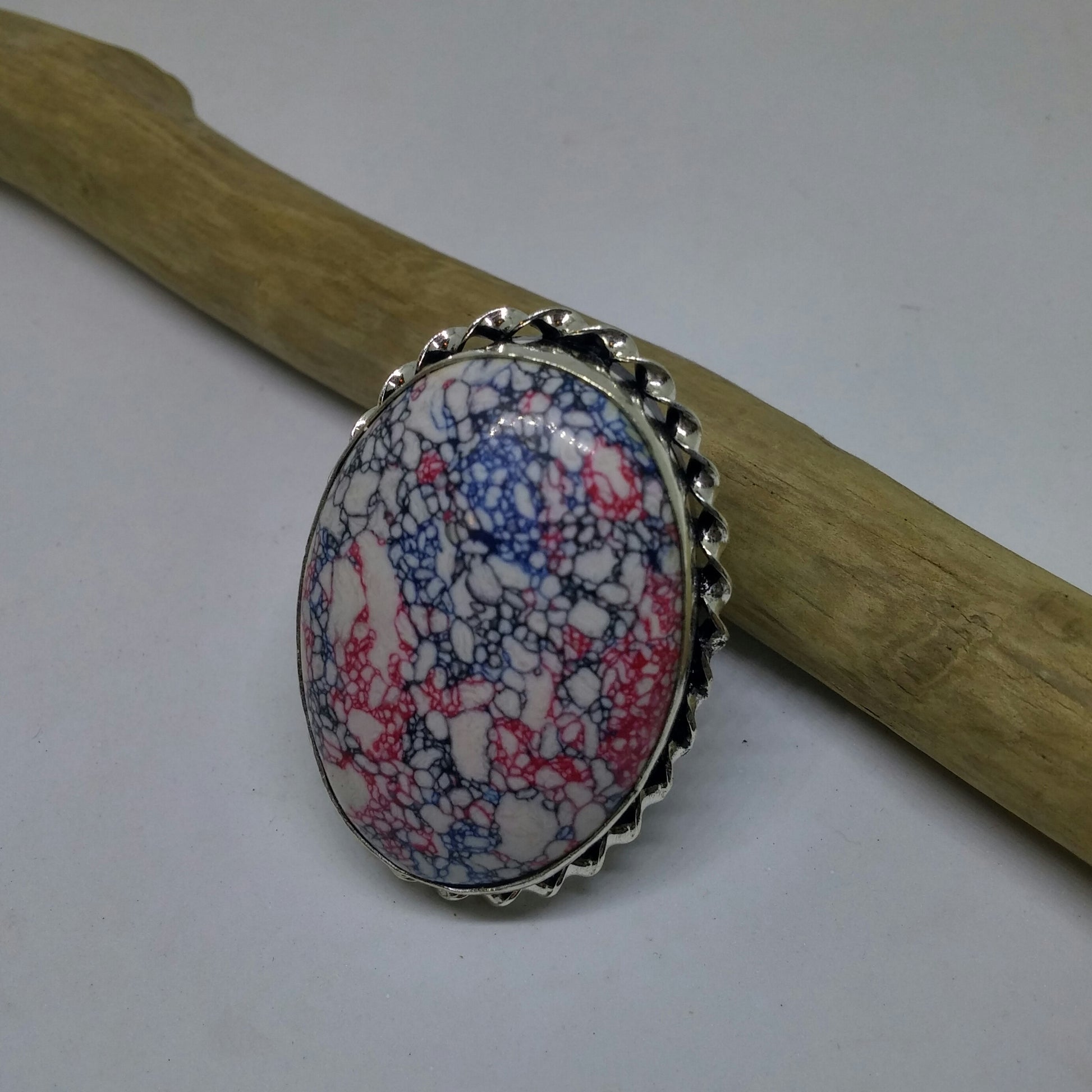 MOSAIC JASPER OVAL RING IN STERLING SILVER WITH ORNATE TWISTED BEZEL-RINGS-Jipsi Junk-JipsiJunk