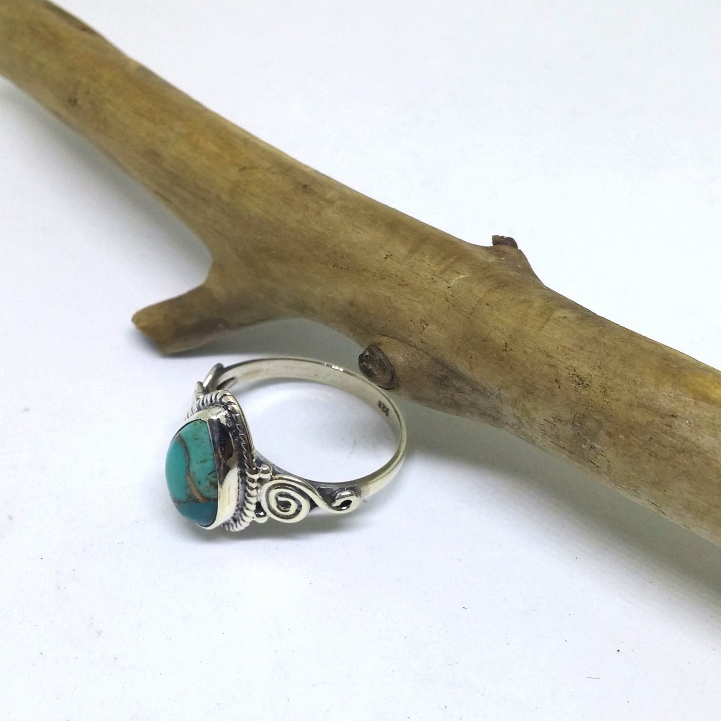 BLUE COPPER TURQUOISE TEARDROP RING IN STERLING SILVER WITH DOTTED AND SWIRLED DESIGN-RINGS-Jipsi Junk-JipsiJunk