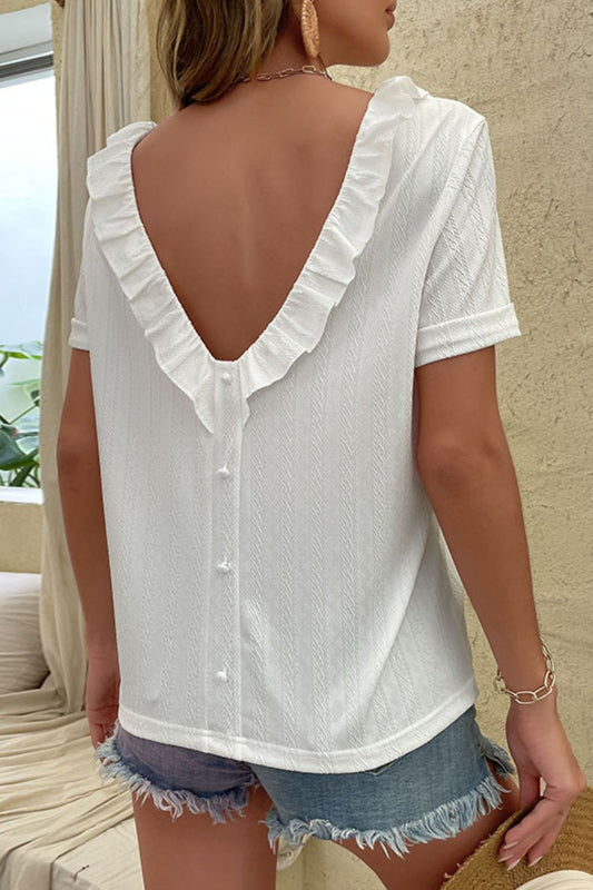 Round Neck Ruffled Short Sleeve Blouse-tops-Trendsi-JipsiJunk