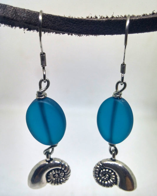 NAUTILUS SHELL EARRINGS WITH PEACOCK BLUE SEAGLASS OVALS-earrings-Jipsi Junk-JipsiJunk