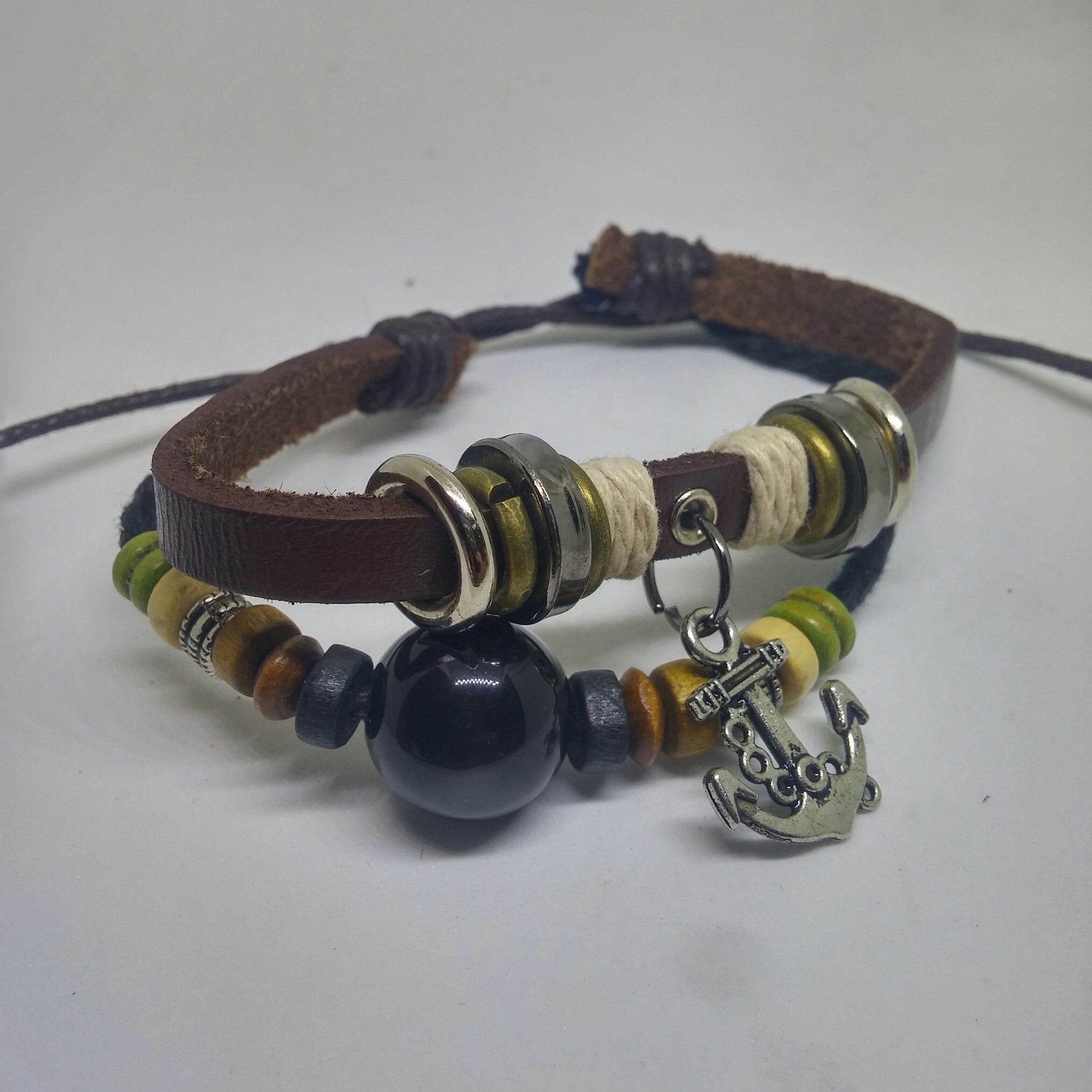 ECLECTIC BEADED LEATHER SHIP ANCHOR BRACELET-BRACELETS-Jipsi Junk-JipsiJunk