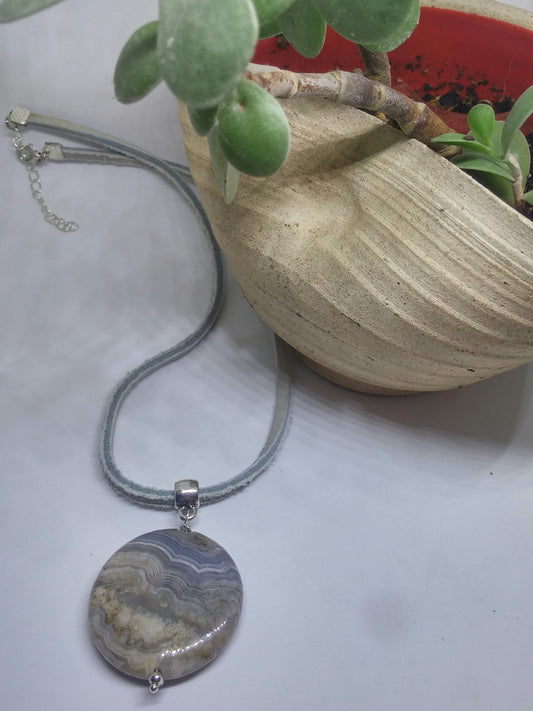 BANDED AGATE COIN AND LEATHER ADJUSTABE NECKLACE-NECKLACES-Jipsi Junk-JipsiJunk