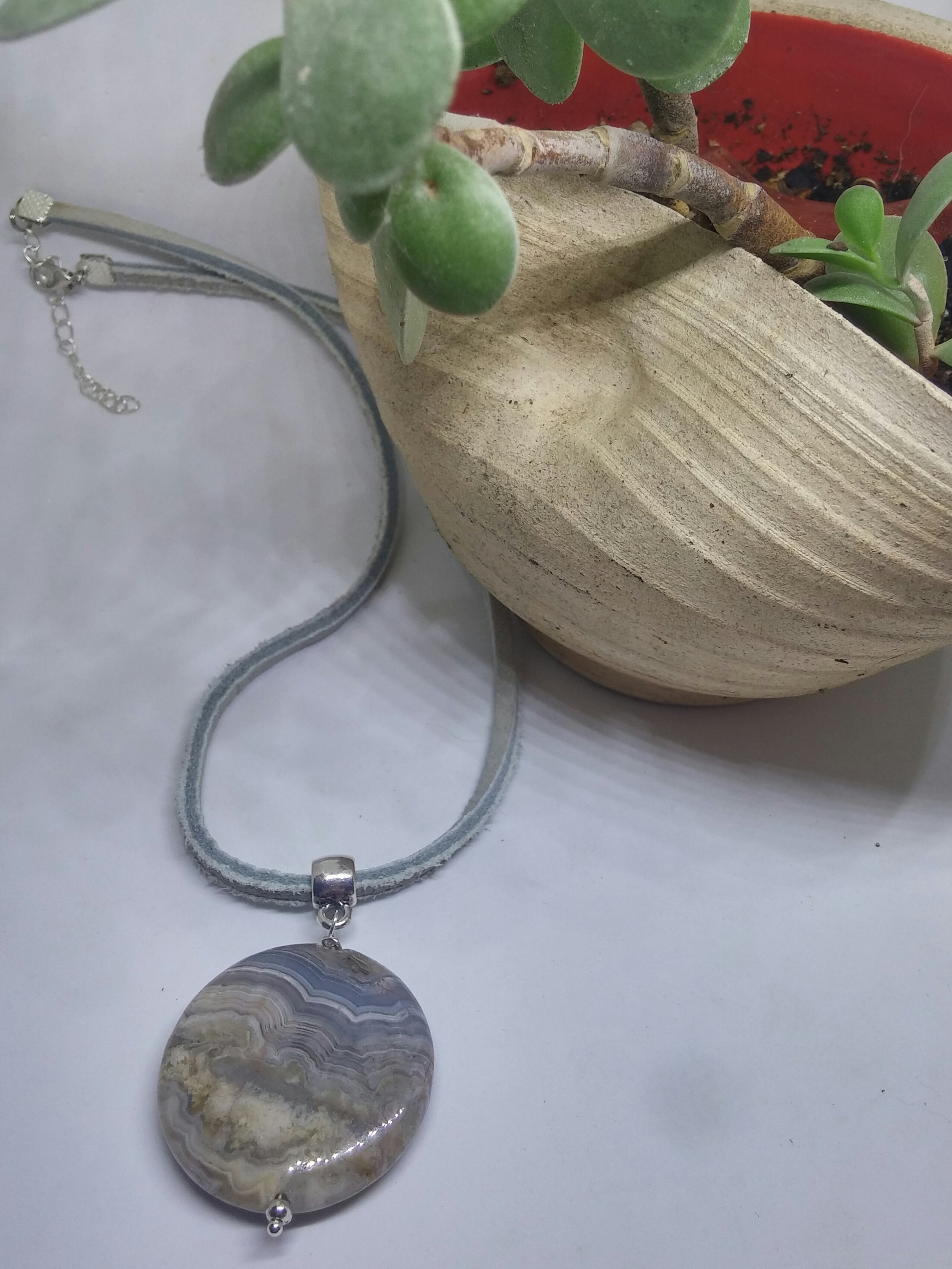 BANDED AGATE COIN AND LEATHER ADJUSTABE NECKLACE-NECKLACES-Jipsi Junk-JipsiJunk