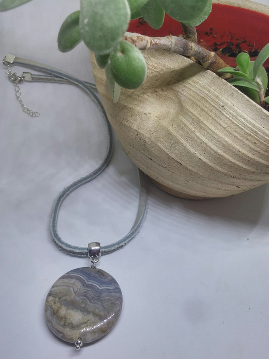 BANDED AGATE COIN AND LEATHER ADJUSTABE NECKLACE-NECKLACES-Jipsi Junk-JipsiJunk