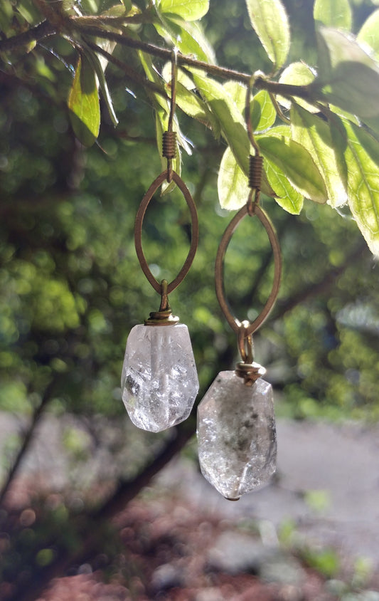 ROUGH QUARTZ NUGGET EARRINGS WITH BRASS MARQUISE HOOPS-EARRINGS-Jipsi Junk-JipsiJunk