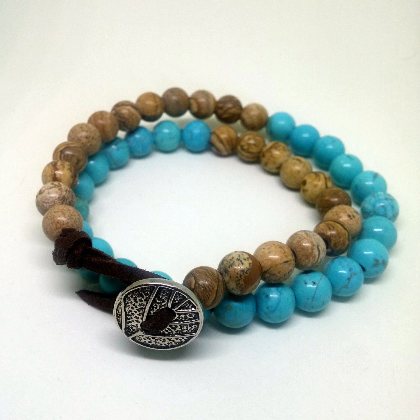 PICTURE JASPER AND TURQUOISE HOWLITE DOUBLE WRAP GEMSTONE BRACELET-BRACELETS-Jipsi Junk-JipsiJunk