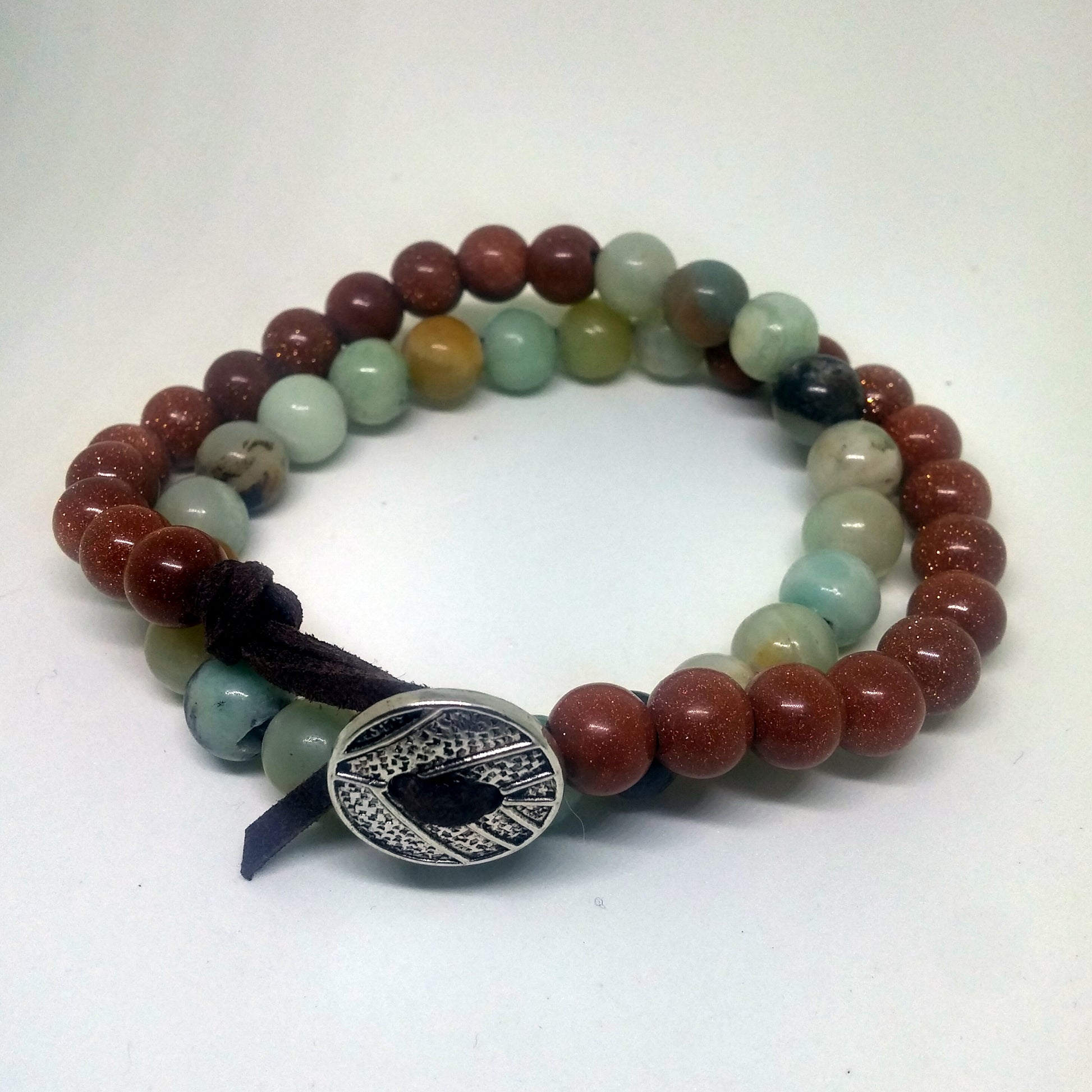 AMAZONITE AND GOLDSTONE DOUBLE WRAP GEMSTONE BRACELET-BRACELETS-Jipsi Junk-JipsiJunk