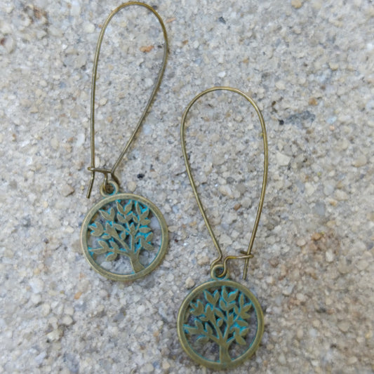 ELEGANT VINTAGE BRONZE HOOPS WITH GREEN PATINA TREE OF LIFE COINS-EARRINGS-JipsiJunk-JipsiJunk