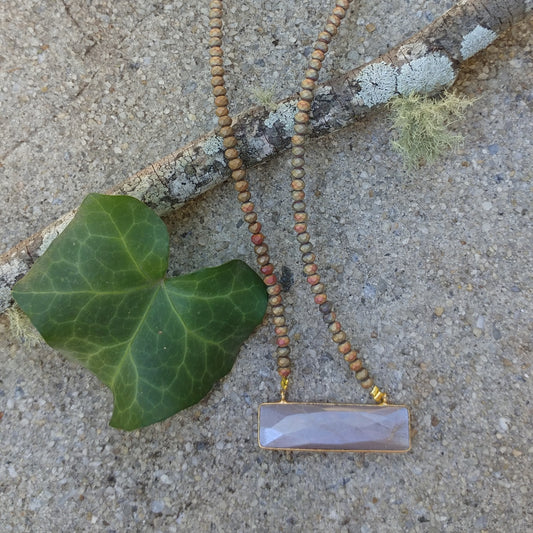 CHOCOLATE MOONSTONE NECKLACE WITH MATTE BEADED CRYSTAL CHAIN AND GOLD PLATED BEZEL-NECKLACES-JipsiJunk-JipsiJunk