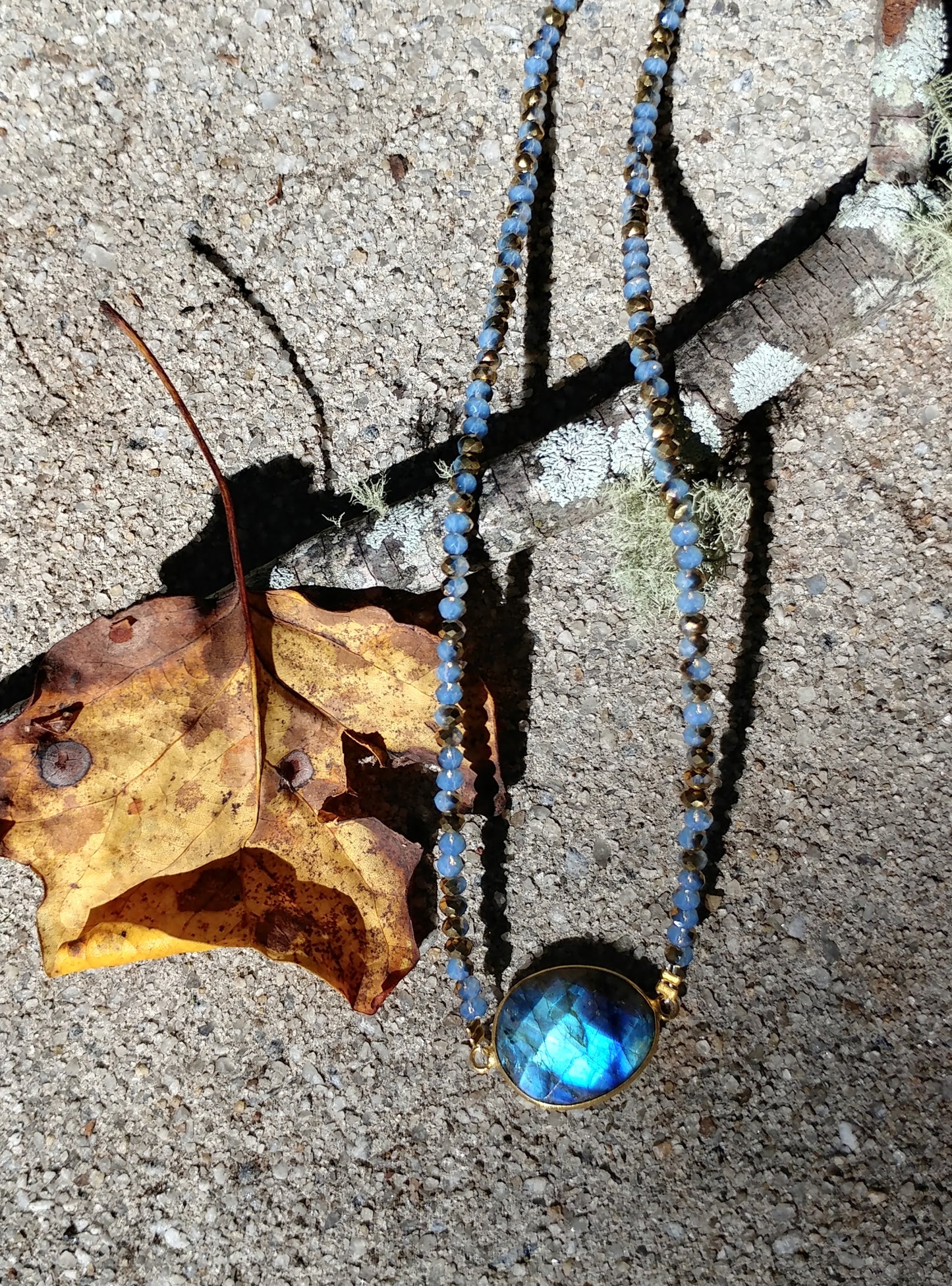 FREEFORM LABRADORITE GEMSTONE NECKLACE WITH GOLD PLATED BEZEL AND CRYSTAL CHAIN-NECKLACES-JipsiJunk-JipsiJunk