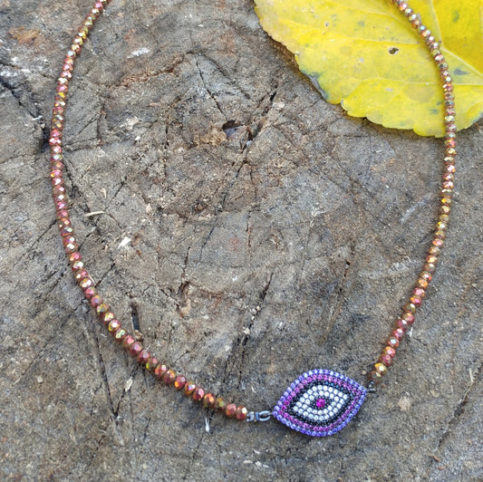 CUBIC ZIRCONIA EVIL EYE NECKLACE WITH BEADED CRYSTAL CHAIN-NECKLACES-Jipsi Junk-JipsiJunk