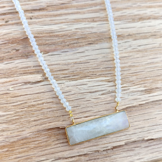 RECTANGULAR MOONSTONE BEZEL NECKLACE WITH BEADED CRYSTAL CHAIN-NECKLACES-Jipsi Junk-JipsiJunk