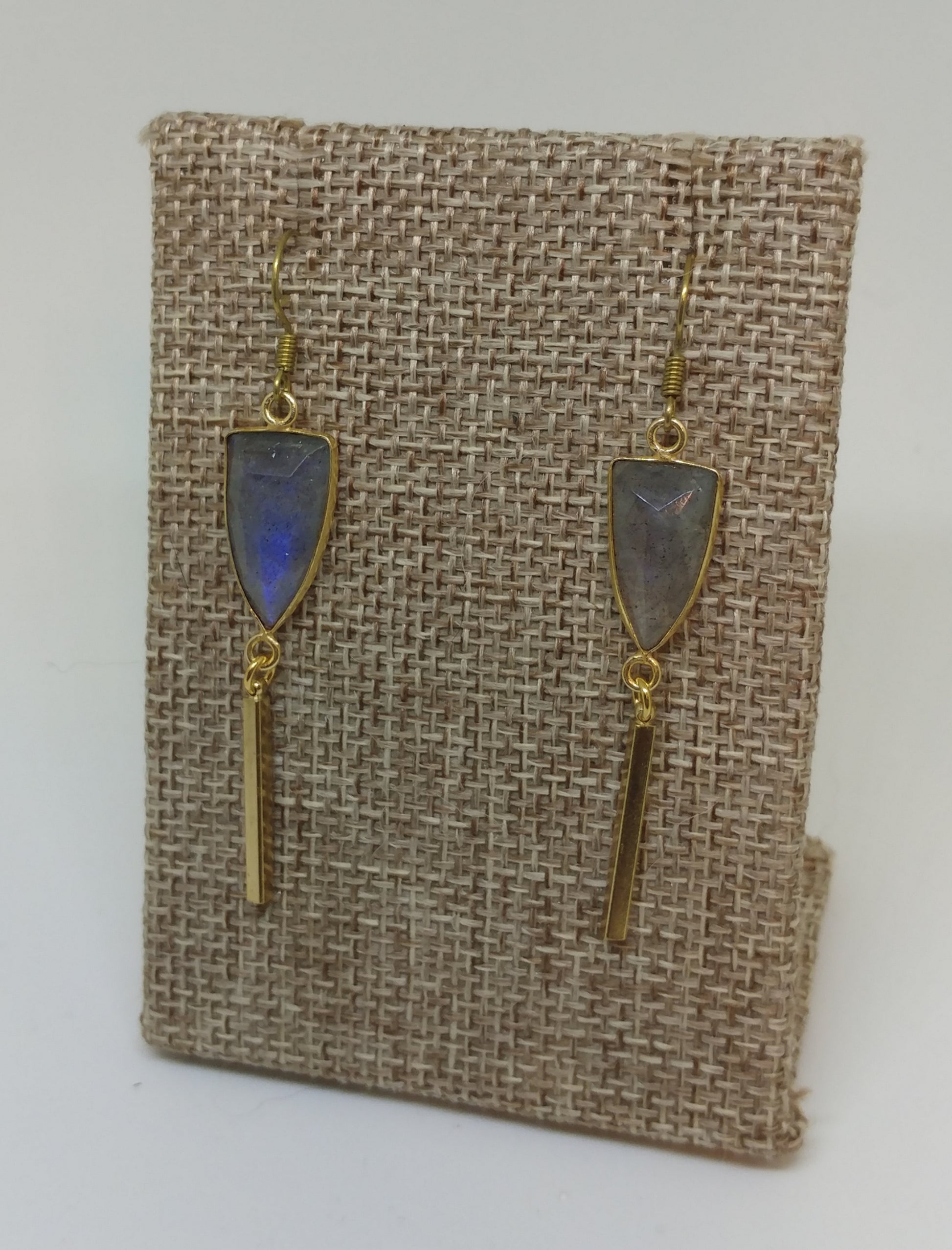 LABRADORITE SHIELD EARRINGS WITH DANGLING BATON-EARRINGS-Jipsi Junk-JipsiJunk