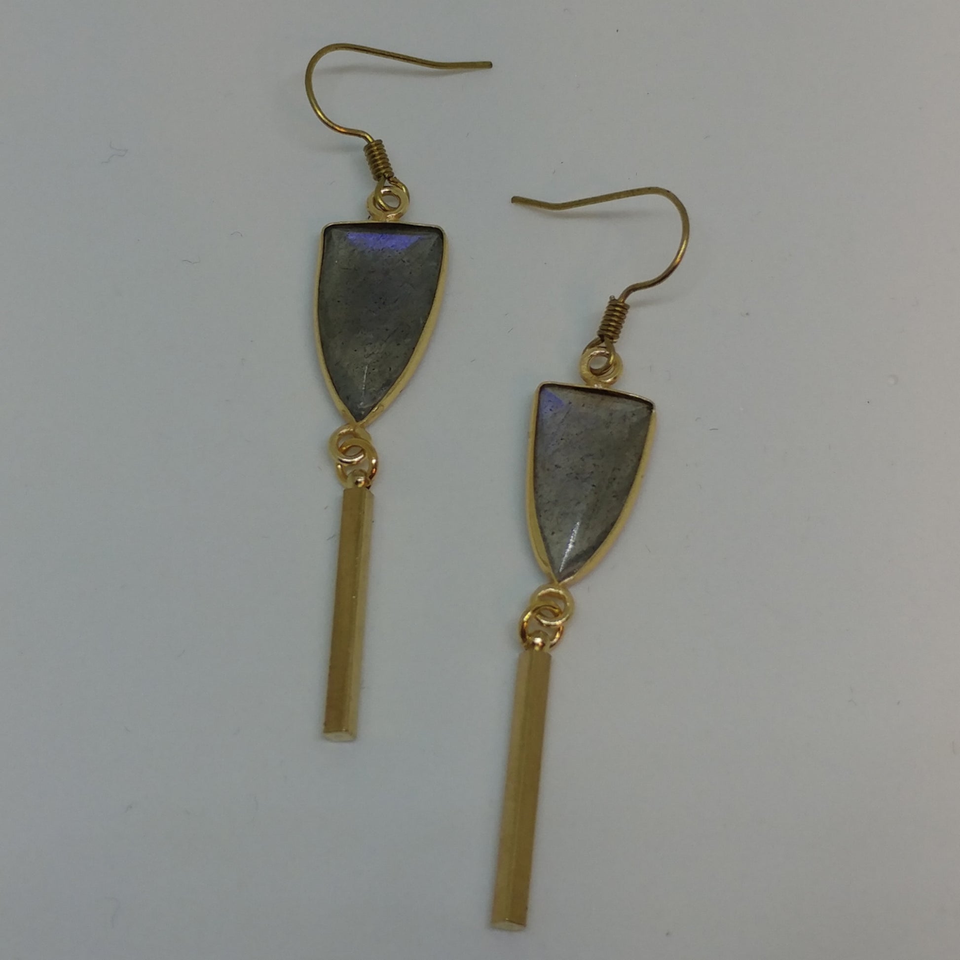LABRADORITE SHIELD EARRINGS WITH DANGLING BATON-EARRINGS-Jipsi Junk-JipsiJunk