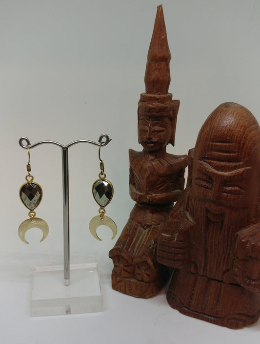 REVERSE TEARDROP PYRITE EARRINGS WITH CRESCENT MOON DANGLES-EARRINGS-Jipsi Junk-JipsiJunk