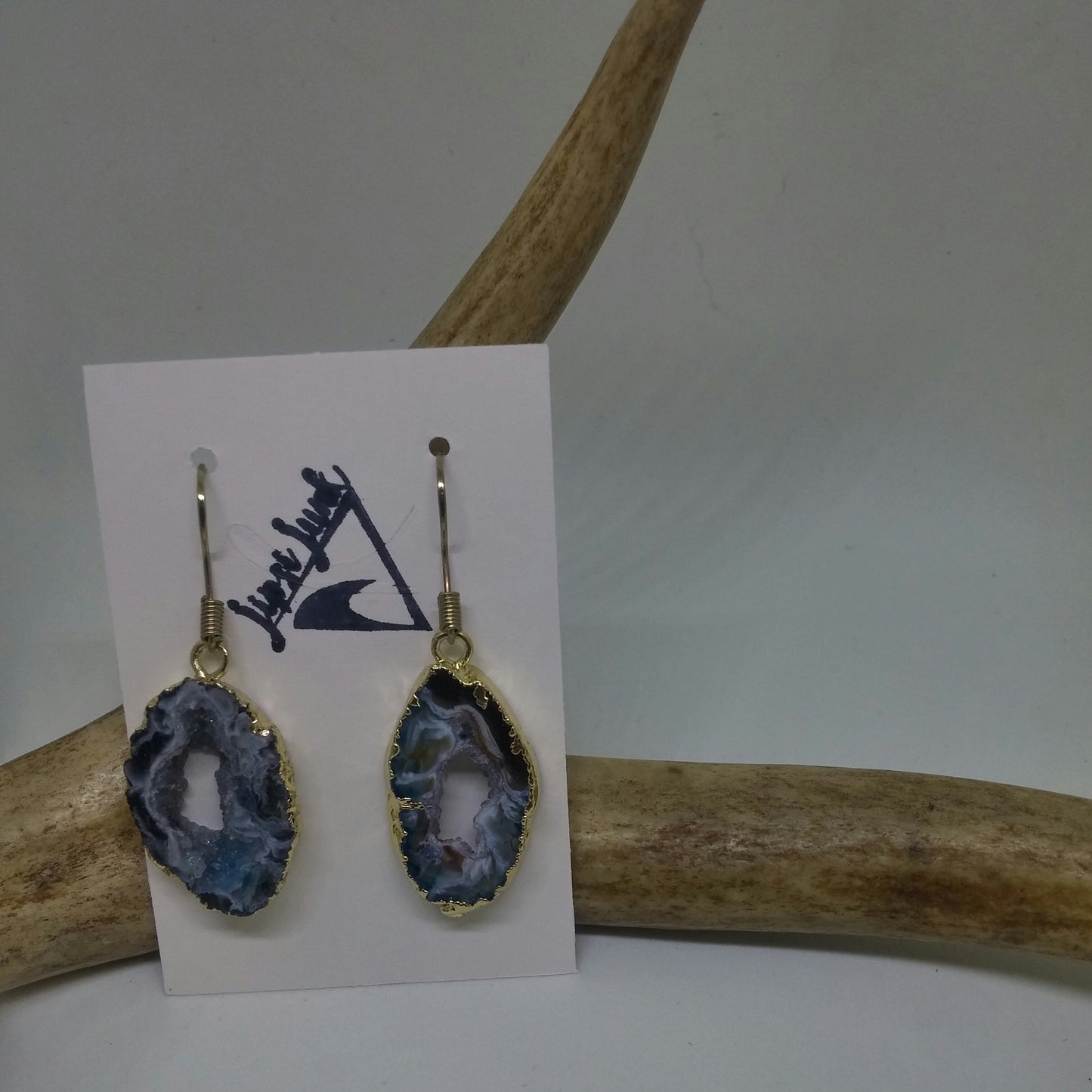 BLACK, WHITE AND AQUA BLUE DRUZY AGATE SLICE EARRINGS-EARRINGS-Jipsi Junk-JipsiJunk