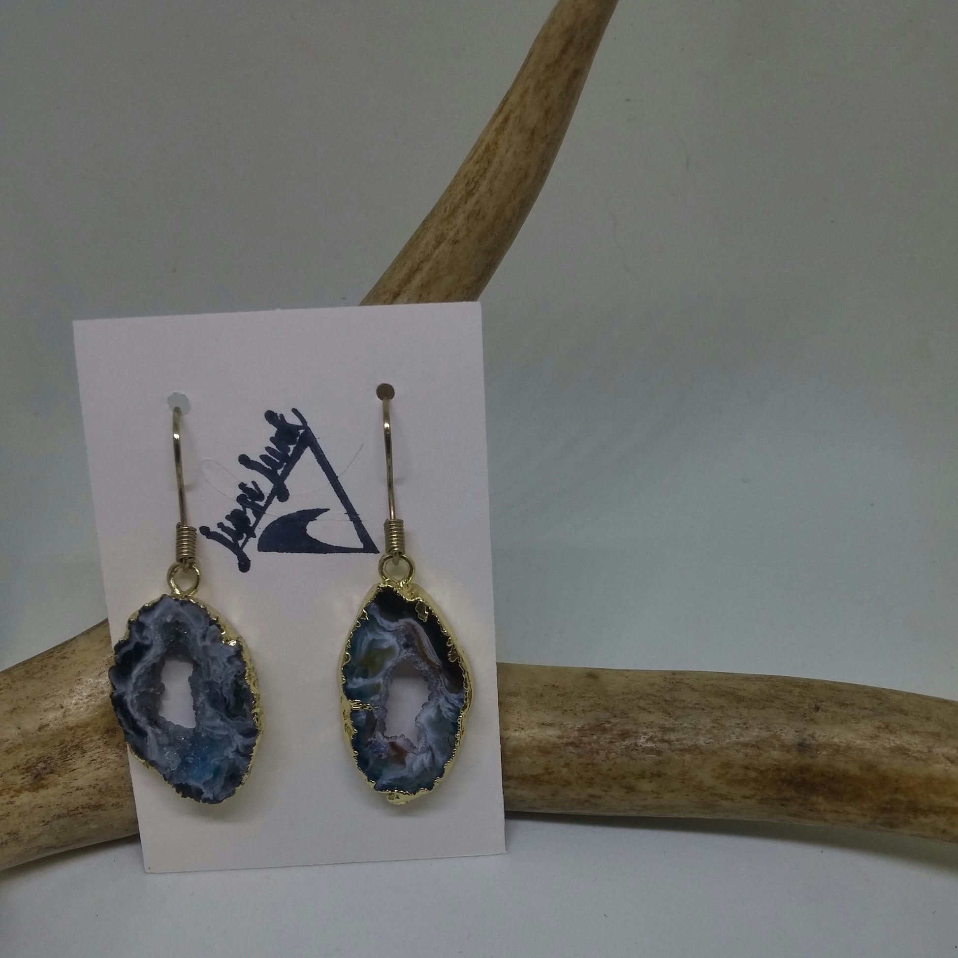 BLACK, WHITE AND AQUA BLUE DRUZY AGATE SLICE EARRINGS-EARRINGS-Jipsi Junk-JipsiJunk