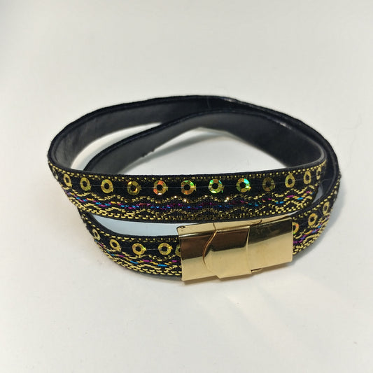 BOHO BLACK AND GOLD DOUBLE WRAP BRACELET WITH SECURE FOLD OVER CLASP-BRACELETS-Jipsi Junk-JipsiJunk