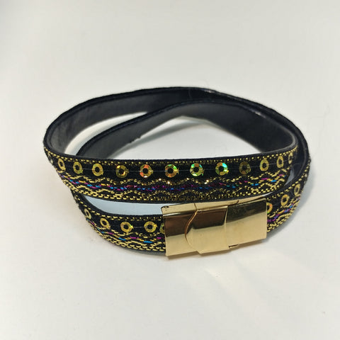 BOHO BLACK AND GOLD DOUBLE WRAP BRACELET WITH SECURE FOLD OVER CLASP-BRACELETS-Jipsi Junk-JipsiJunk