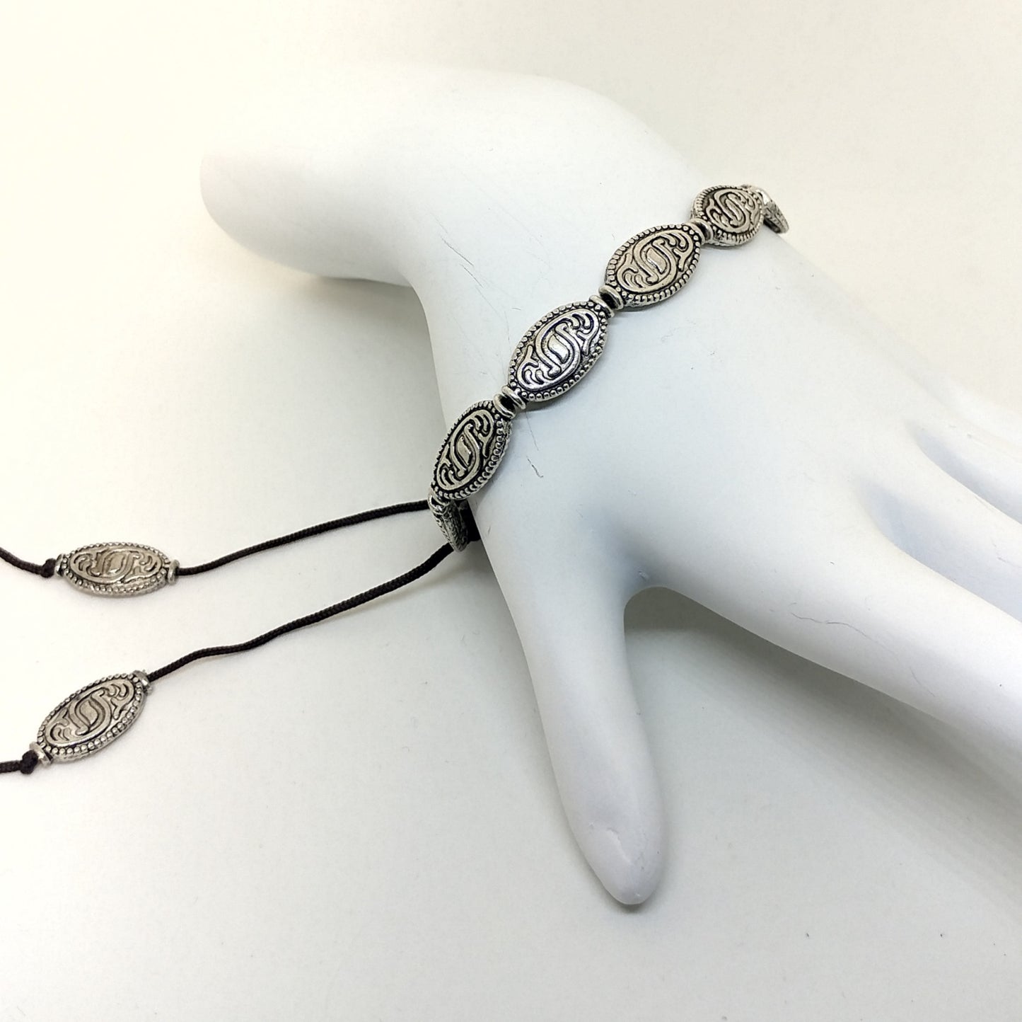ADJUSTABLE NYLON MACRAME BRACELET WITH TRIBAL PATTERN SILVER PEWTER BEADS-BRACELETS-Jipsi Junk-JipsiJunk