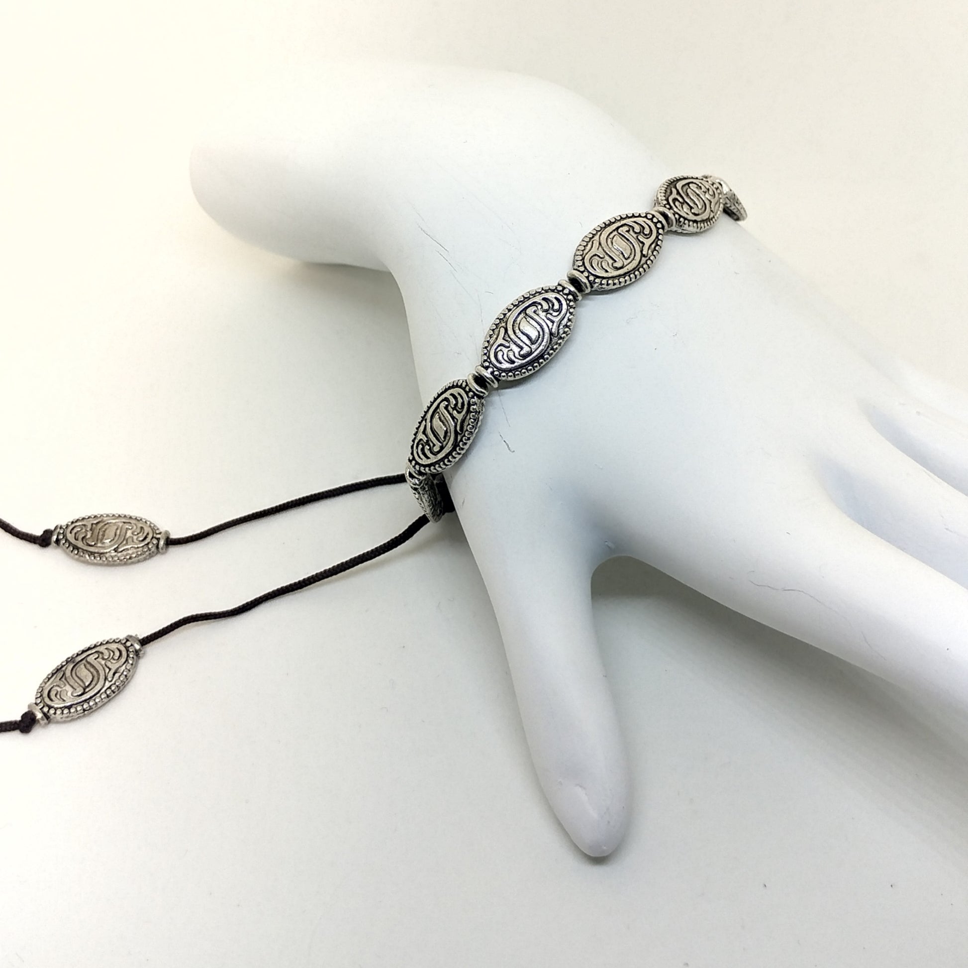 ADJUSTABLE NYLON MACRAME BRACELET WITH TRIBAL PATTERN SILVER PEWTER BEADS-BRACELETS-Jipsi Junk-JipsiJunk