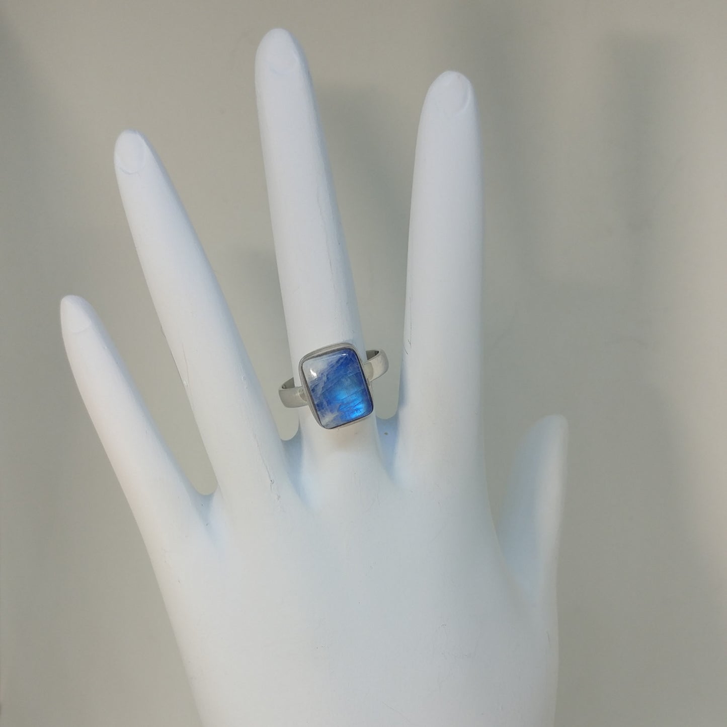 RECTANGULAR BLUE MOONSTONE RING IN A STERLING SILVER BEZEL SETTING-RINGS-Jipsi Junk-JipsiJunk