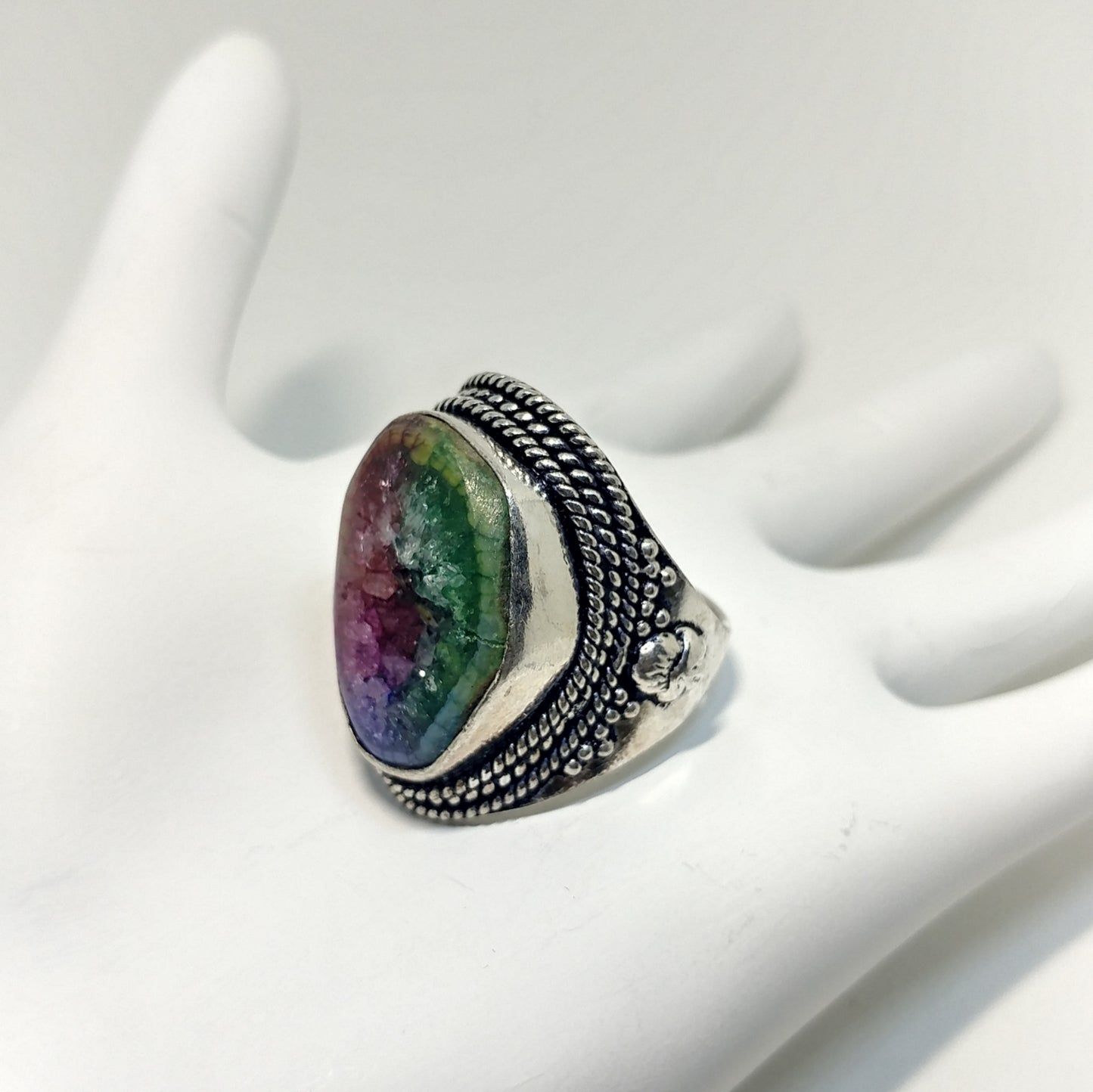 ANTIQUE STYLE RAINBOW SOLAR DRUZY RING IN STERLING SILVER-RINGS-Jipsi Junk-JipsiJunk