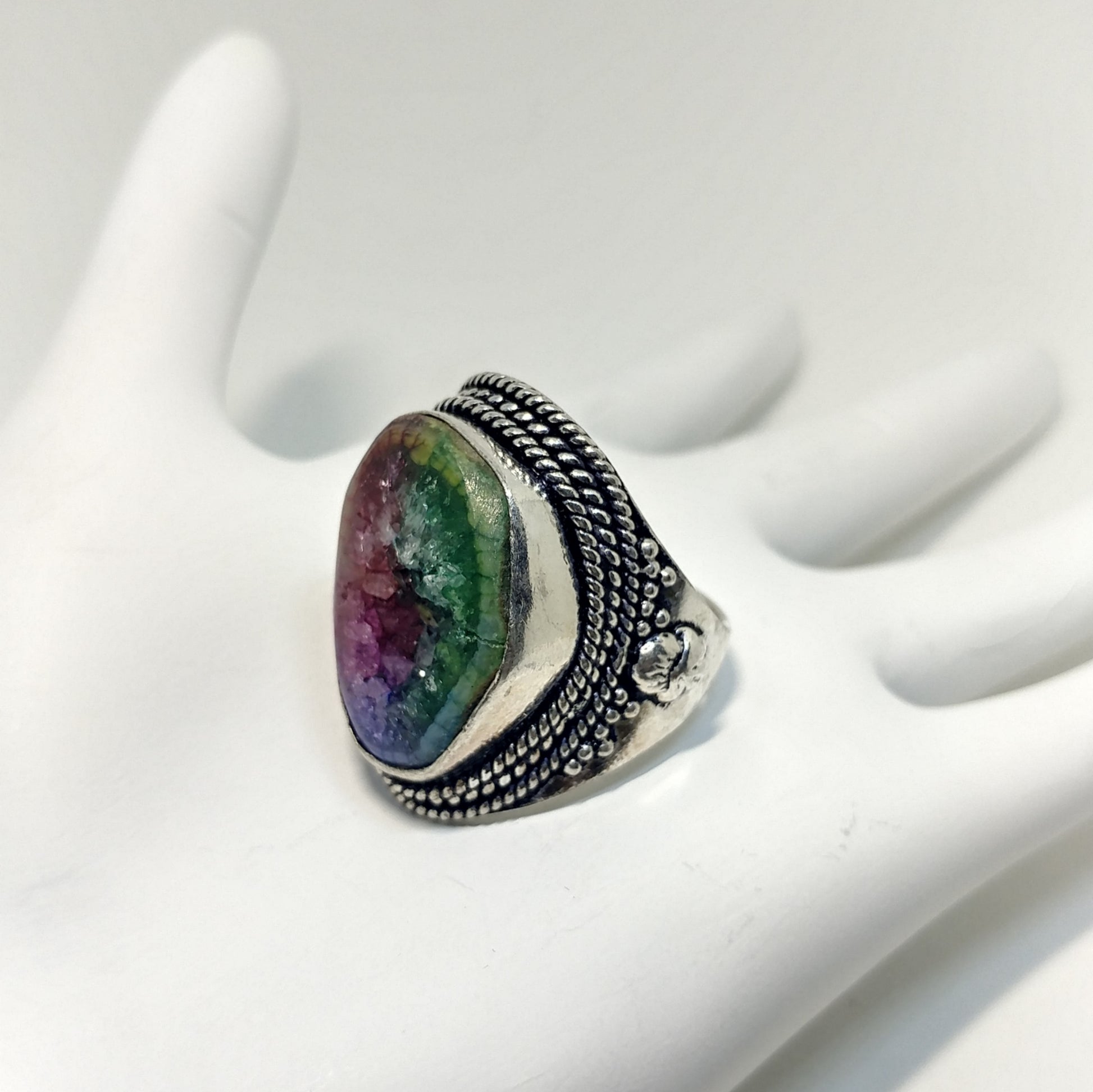ANTIQUE STYLE RAINBOW SOLAR DRUZY RING IN STERLING SILVER-RINGS-Jipsi Junk-JipsiJunk