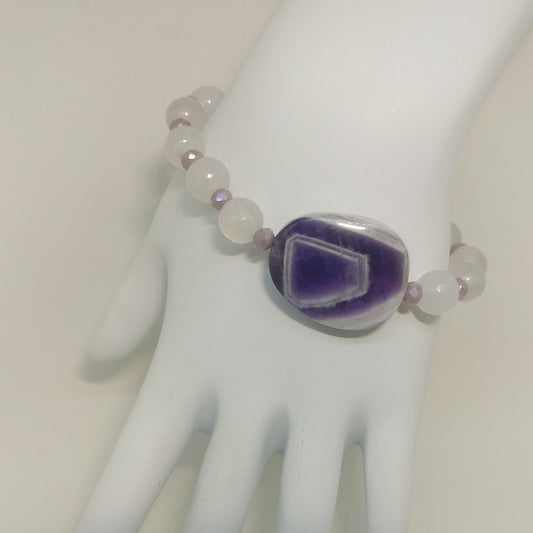 CHEVRON AMETHYST, CLOUDY AGATE, AND CRYSTAL STRETCH BRACELET-BRACELETS-Jipsi Junk-JipsiJunk