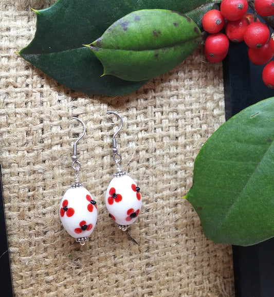 RED AND BLACK DAISY OVAL MURANO GLASS EARRINGS-EARRINGS-JipsiJunk-JipsiJunk