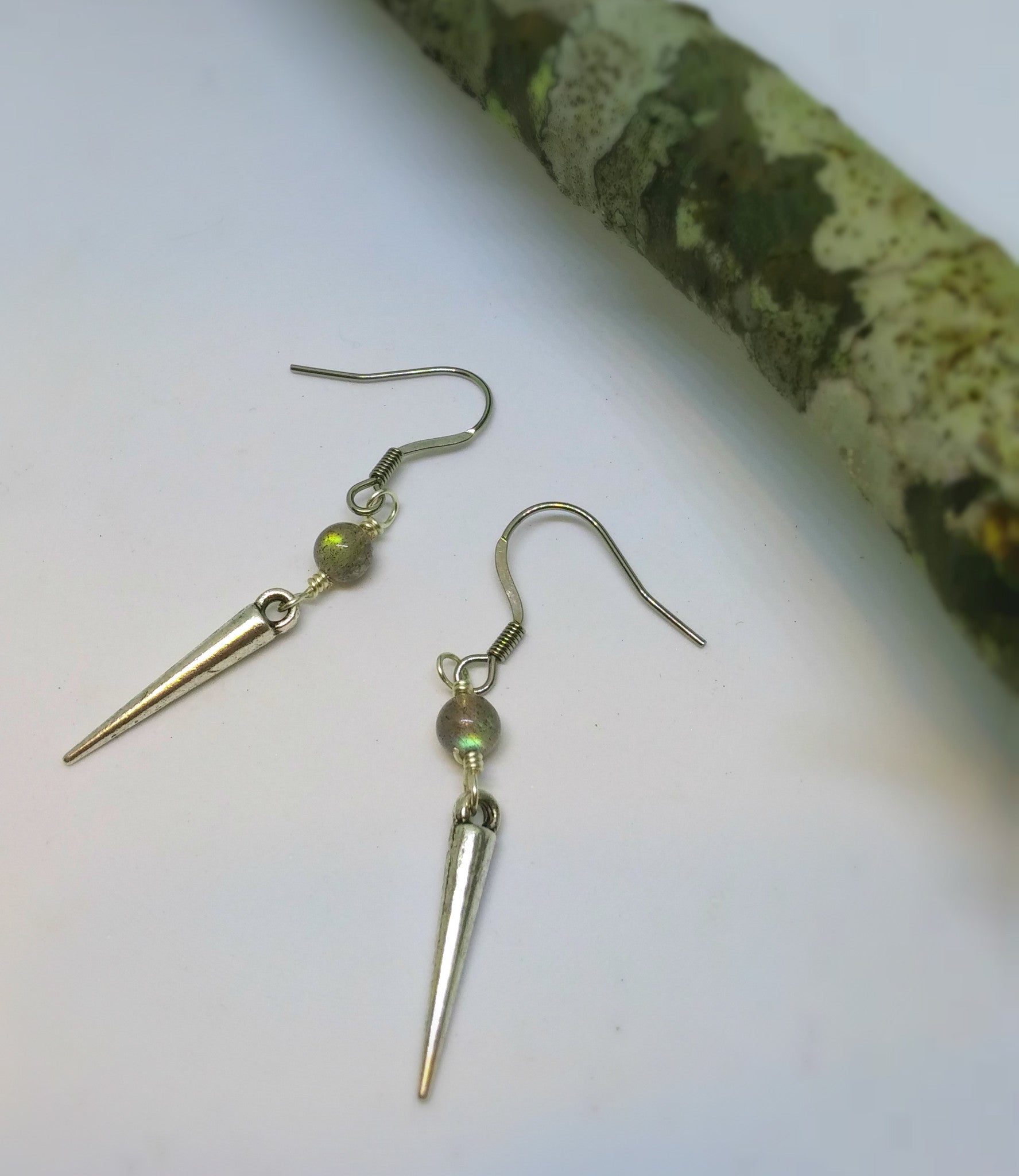 GRADE A CHATOYANT LABRADORITE GEMSTONE AND SPIKE DANGLE EARRINGS-EARRINGS-JipsiJunk-JipsiJunk