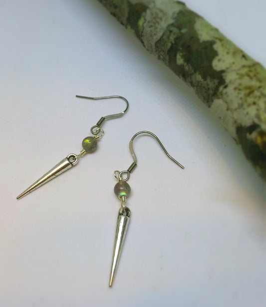 GRADE A CHATOYANT LABRADORITE GEMSTONE AND SPIKE DANGLE EARRINGS-EARRINGS-JipsiJunk-JipsiJunk