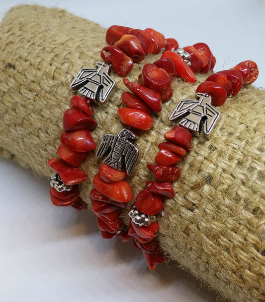 TOTEM EAGLE AND RED CORAL CHIP STRETCH BRACELET-BRACELETS-JipsiJunk-JipsiJunk