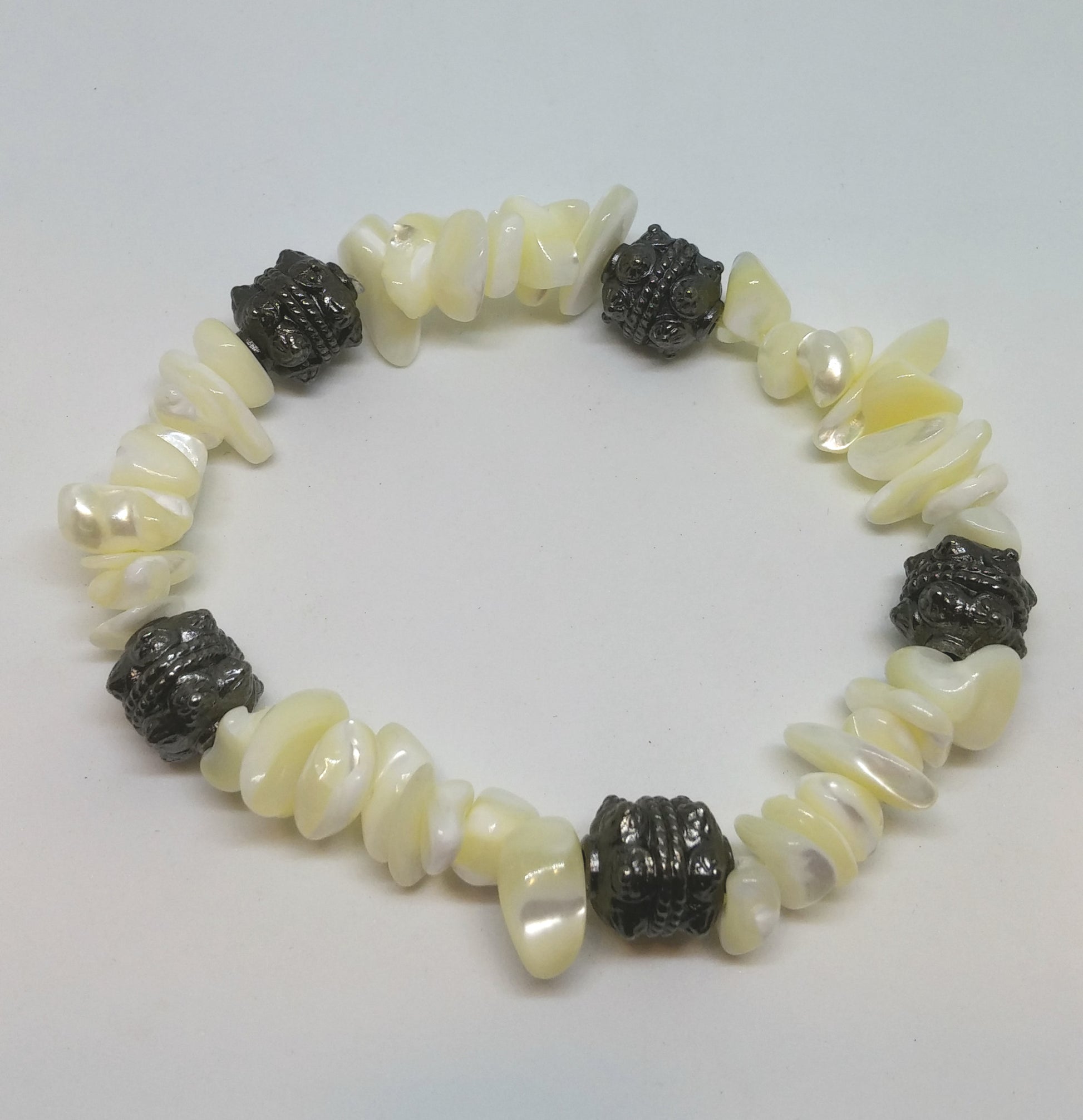 MOTHER OF PEARL CHIP AND BALI ROUND BRACELET-BRACELETS-JipsiJunk-JipsiJunk