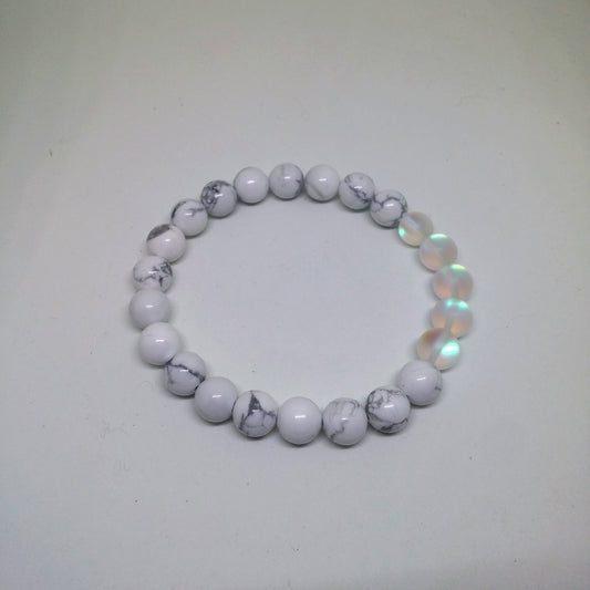 WHITE HOWLITE AND SYNTHETIC MOONSTONE GLASS STRETCH BRACELET-BRACELETS-Jipsi Junk-JipsiJunk