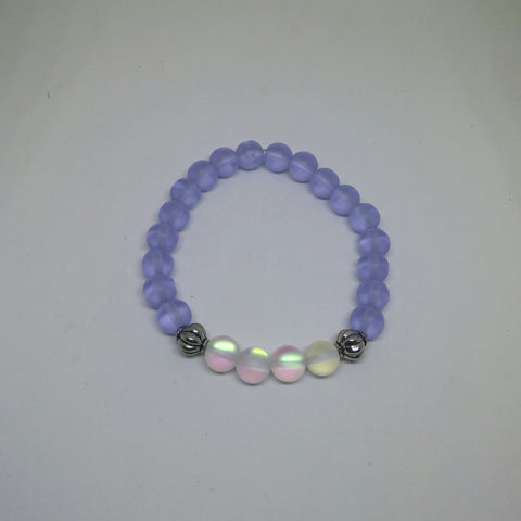 PERIWINKLE SEAGLASS AND SYNTHETIC MOONSTONE GLASS STRETCH BRACELET-BRACELETS-Jipsi Junk-JipsiJunk