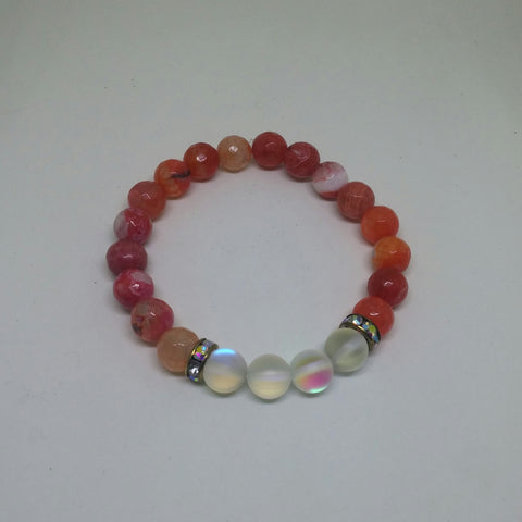 CORAL PINK AGATE AND SYNTHETIC MOONSTONE GLASS STRETCH BRACELET-BRACELETS-Jipsi Junk-JipsiJunk