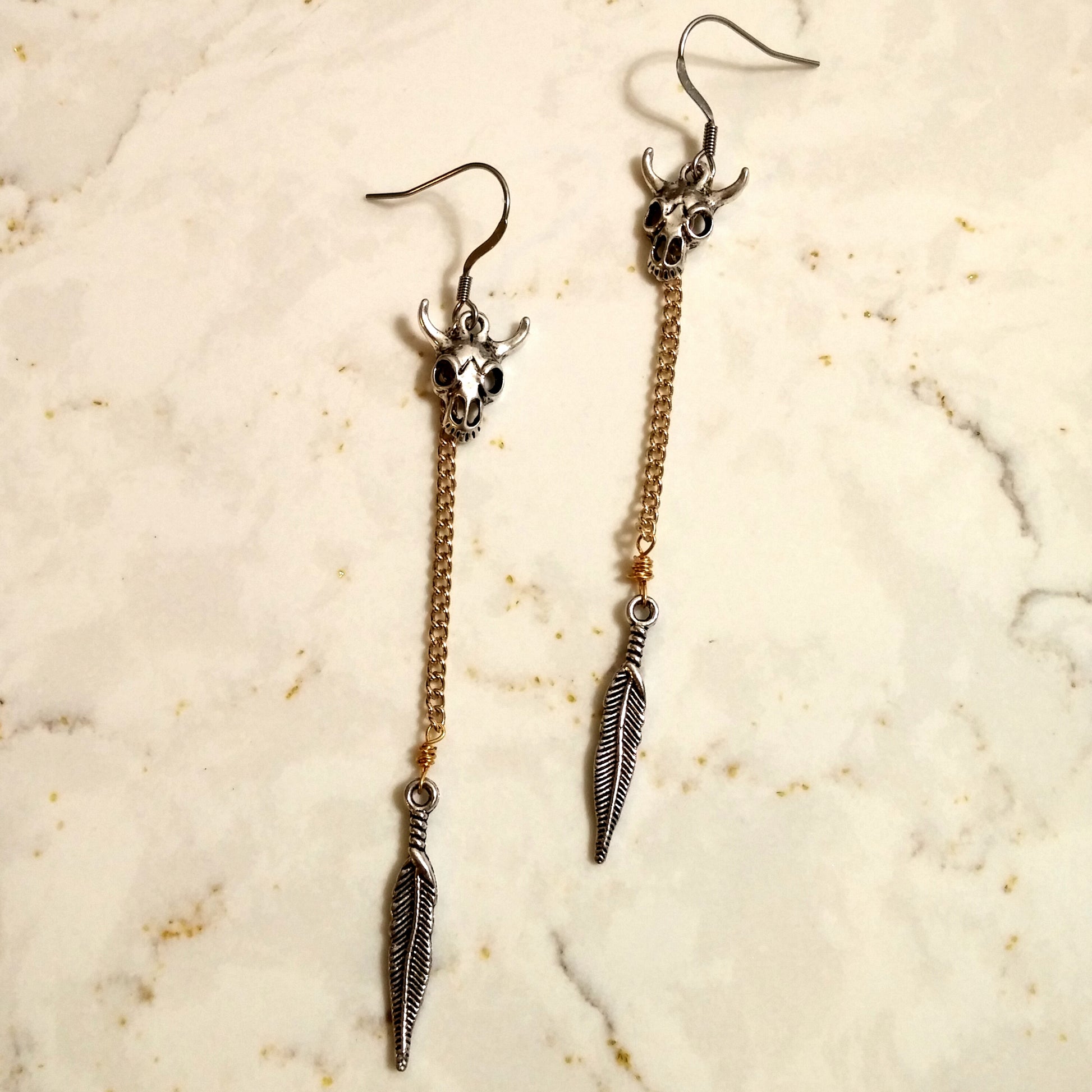 TWO TONE COW SKULL AND FEATHER DANGLE EARRINGS-EARRINGS-Jipsi Junk-JipsiJunk