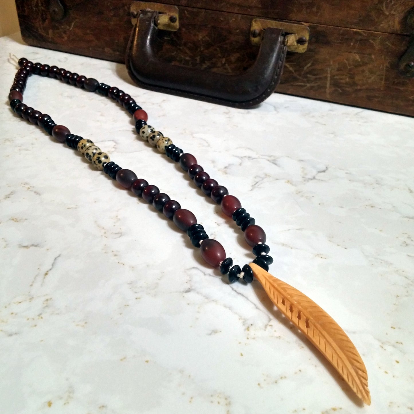 HAND BEADED NECKLACE WITH CARVED BONE FEATHER FOCAL-NECKLACES-Jipsi Junk-JipsiJunk