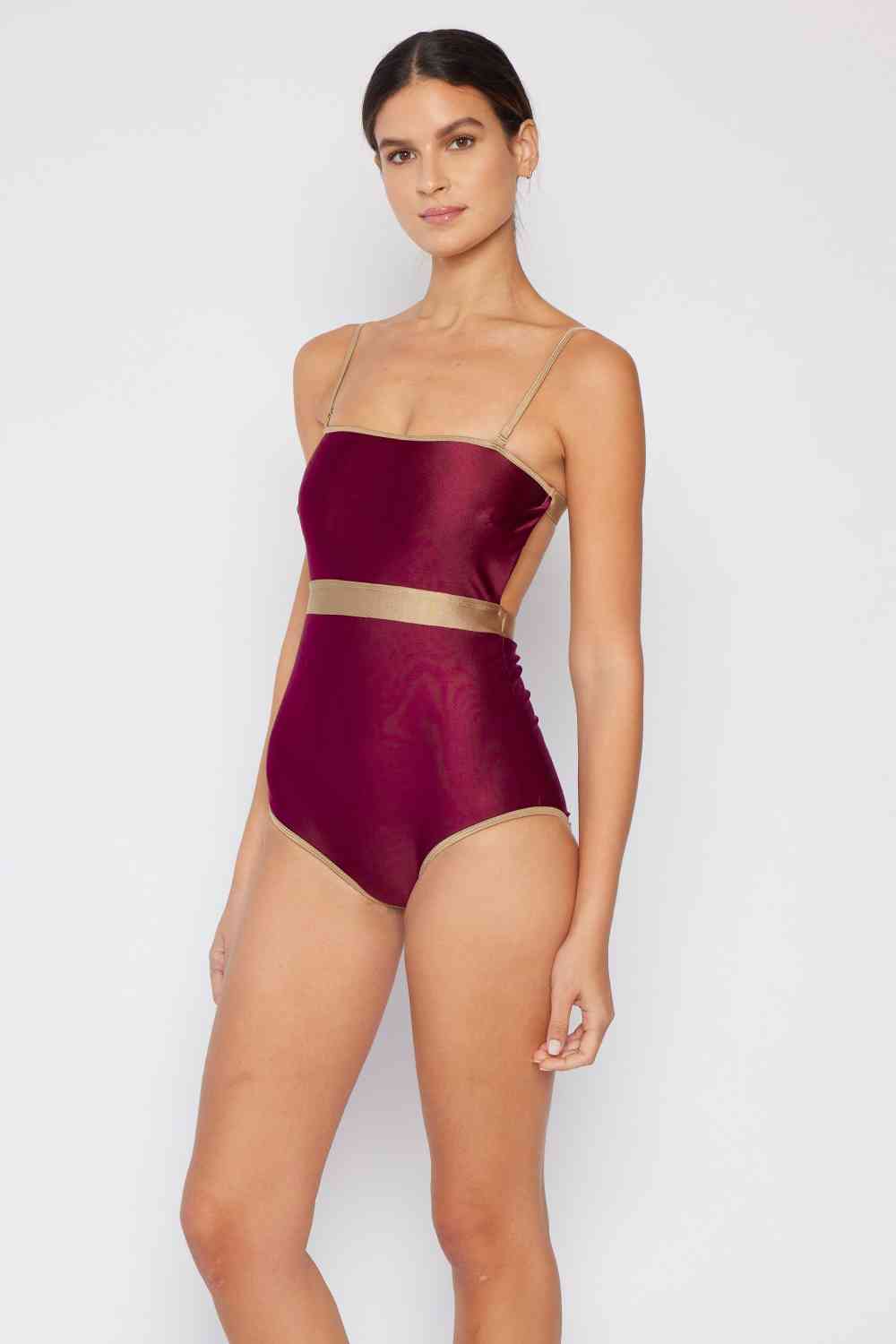 Marina West Swim Wave Break Contrast Trim One-Piece in Wine-Swimwear-Trendsi-JipsiJunk