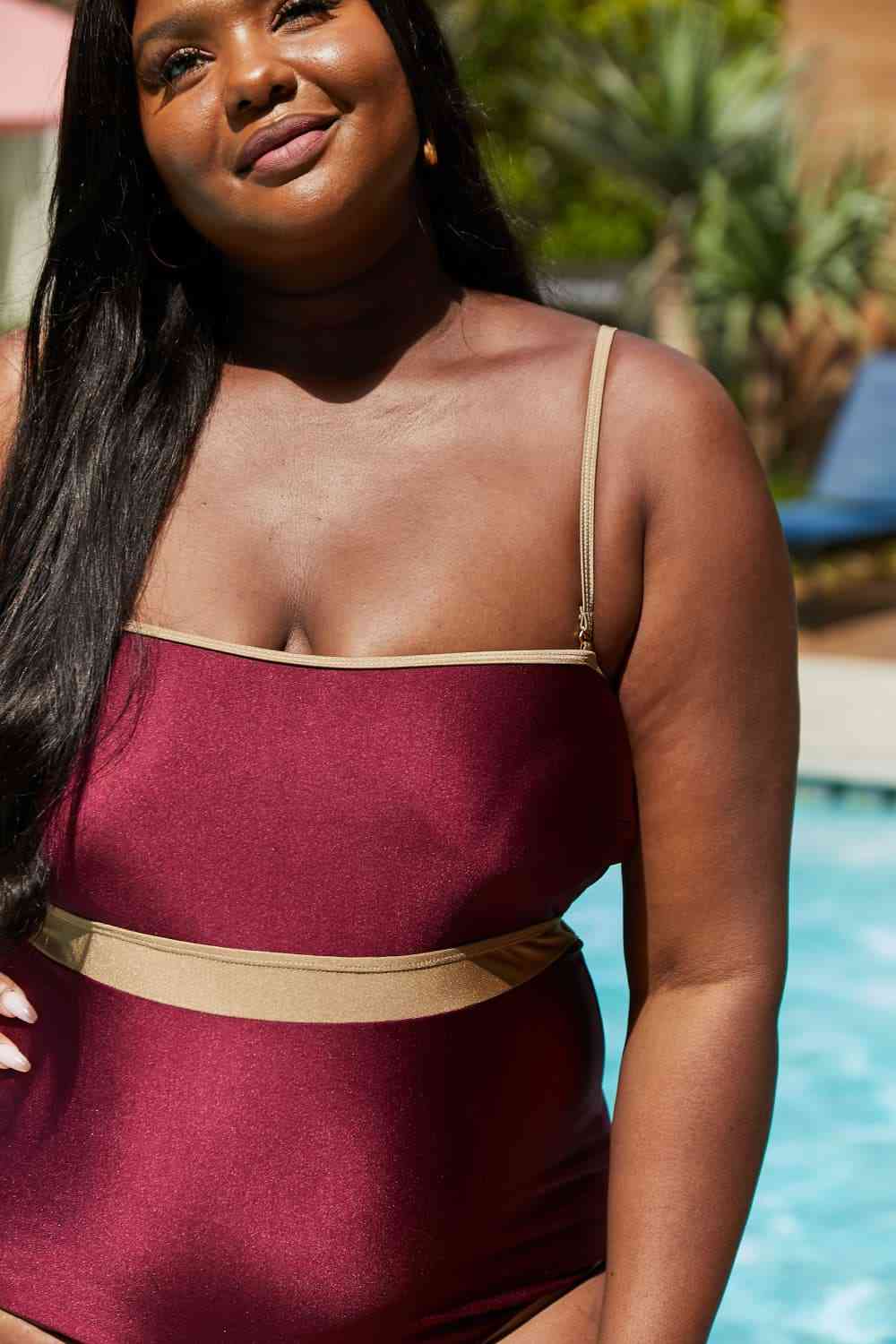 Marina West Swim Wave Break Contrast Trim One-Piece in Wine-Swimwear-Trendsi-JipsiJunk