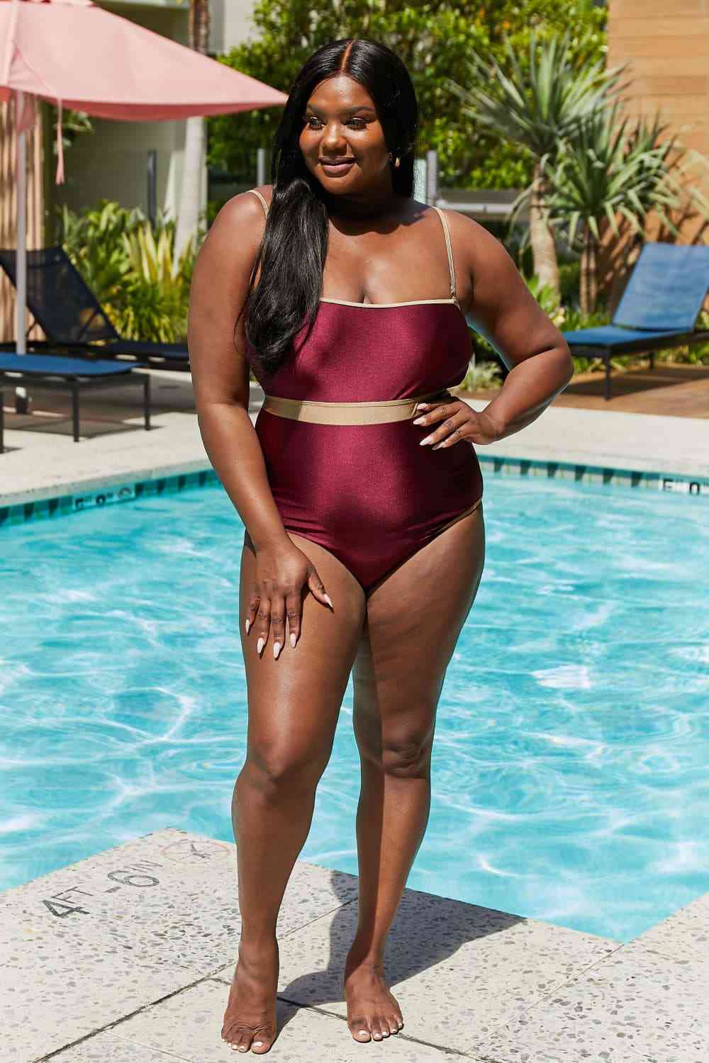 Marina West Swim Wave Break Contrast Trim One-Piece in Wine-Swimwear-Trendsi-JipsiJunk
